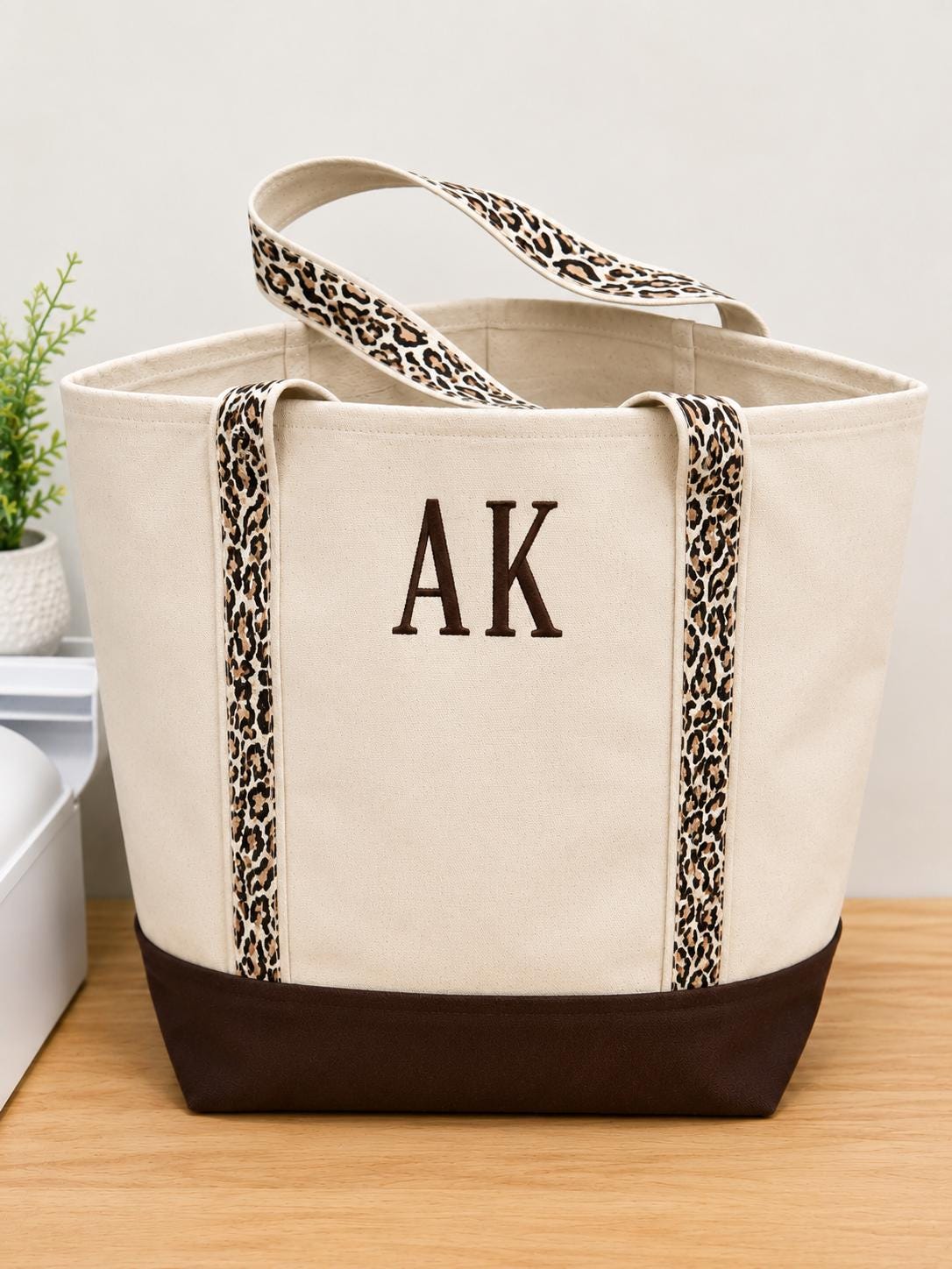 Personalized Canvas Tote Bag | Monogrammed Everyday Carryall | Leopard Strap Detail