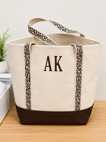 Personalized Canvas Tote Bag | Monogrammed Everyday Carryall | Leopard Strap Detail