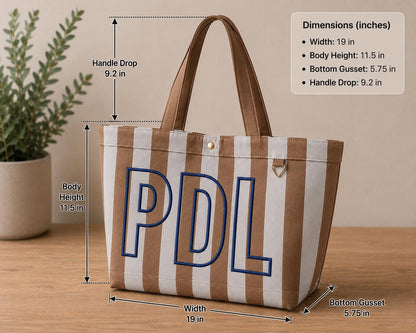 Large Personalized Initial Striped Canvas Tote Bag | Embroidered Monogram Beach Travel Carryall | Viral stripe canvas tote bag